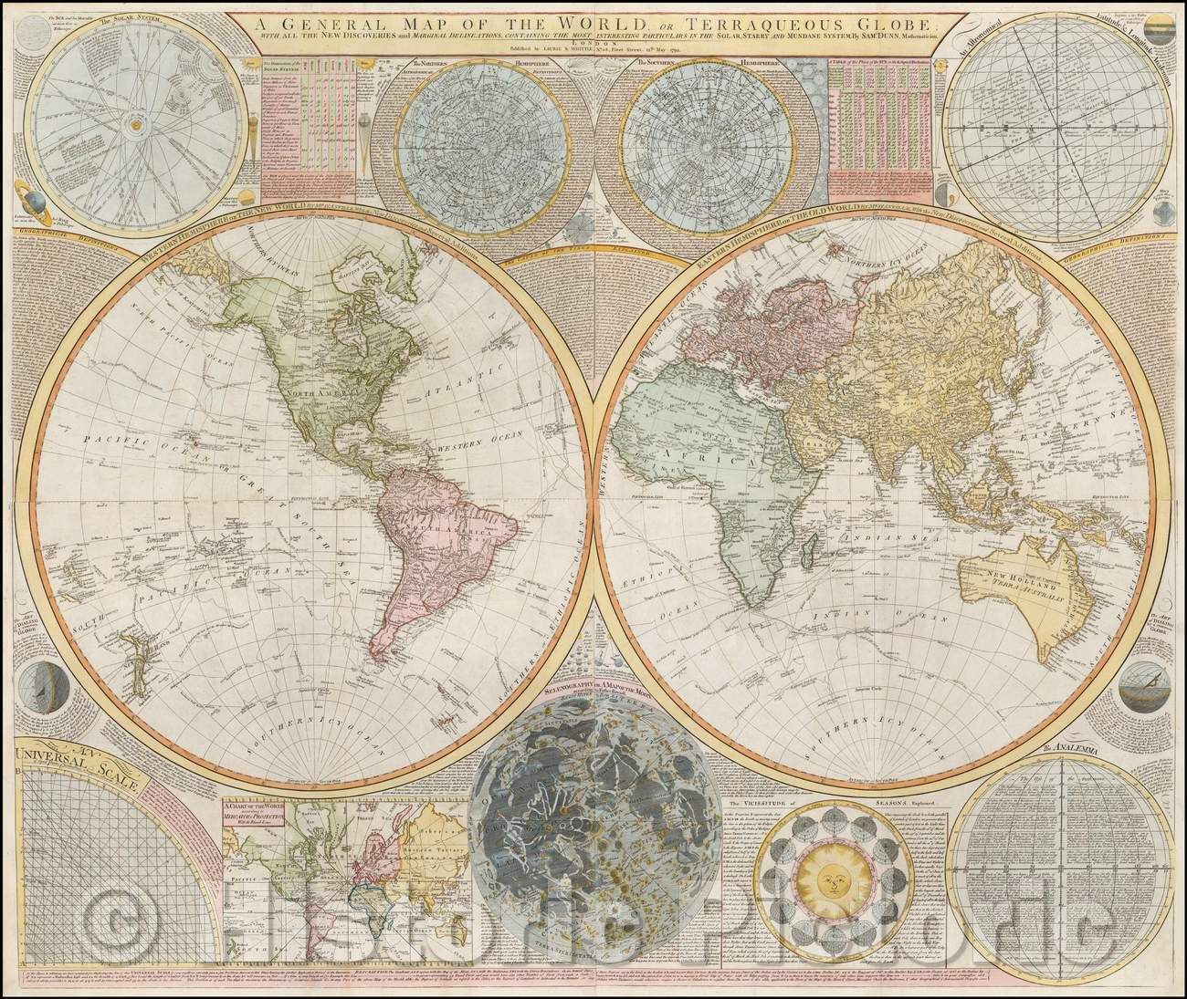 Historic Map - World or Terraqueous Globe, with all the New Discoveries and Marginal Delineations, 1794, Samuel Dunn - Vintage Wall Art