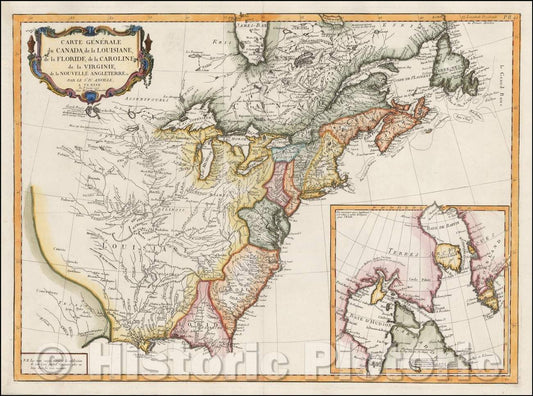 Historic Map - Carte Generale du Canada, de la Louisiane, de la Floride, de la Caroline, de la Virginie, de la Nouvelle Terre Par Le Sr. D'Anville, 1776 v2