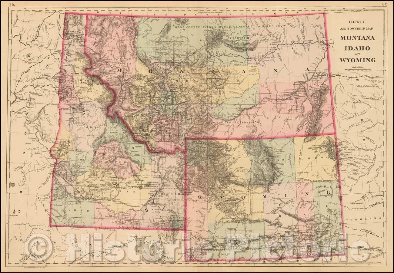Historic Map - County and Township Map Montana, Idaho, and Wyoming, 1888, Samuel Augustus Mitchell Jr. - Vintage Wall Art
