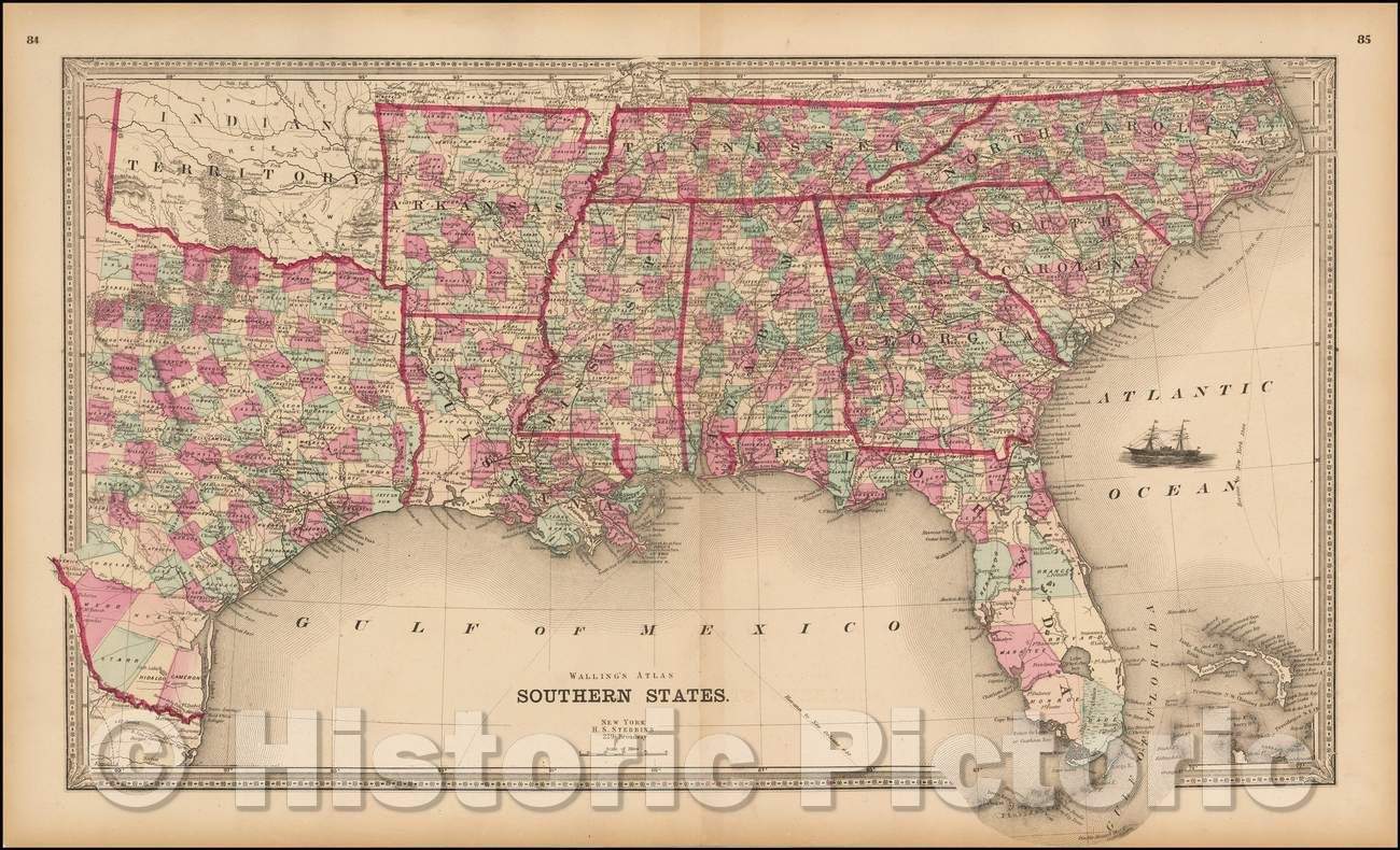 Historic Map - Southern Statees, 1866, H.S. Stebbins - Vintage Wall Art