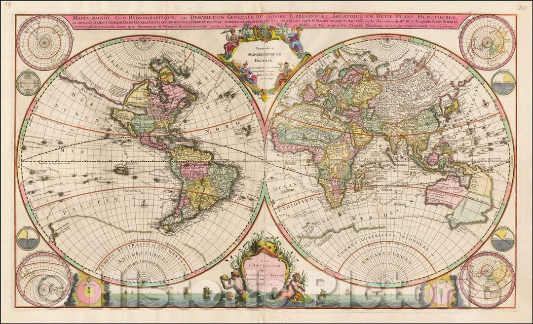 Historic Map - Mappe-Monde Geo-Hydrographique, ou Description Generale du Globe Terrestre et Aquatique en Deux Plans-Hemispheres, 1721, Johannes Covens - Vintage Wall Art