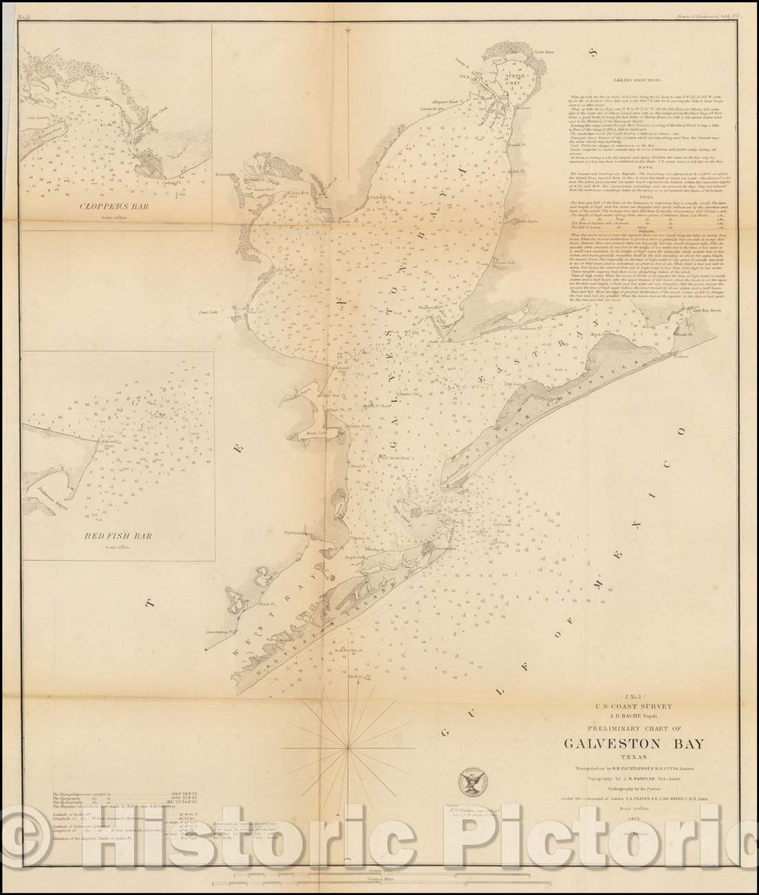 Historic Map - Preliminary Chart of Galveston Bay Texas, 1855, U.S. Coast Survey - Vintage Wall Art