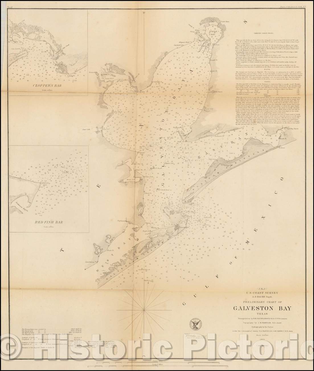 Historic Map - Preliminary Chart of Galveston Bay Texas, 1855, U.S. Coast Survey - Vintage Wall Art