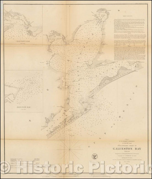 Historic Map - Preliminary Chart of Galveston Bay Texas, 1855, U.S. Coast Survey - Vintage Wall Art