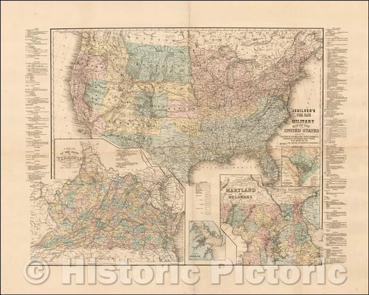 Historic Map - Desilver's Steel Plate Military of the United States Showing The Location of the Military Posts, Arsenals, Barracks, Batteries, Navy Yards, 1861 - Vintage Wall Art
