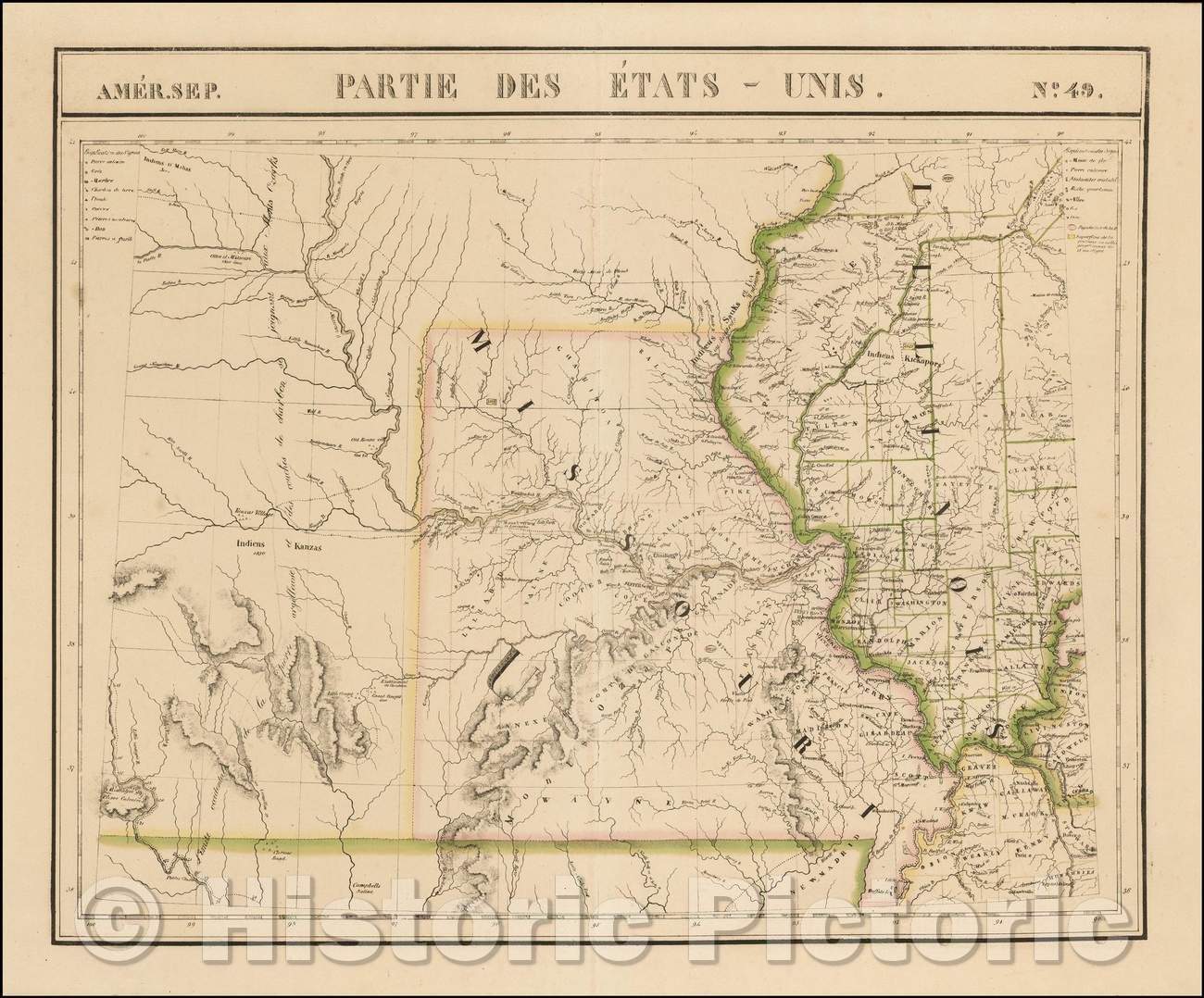 Historic Map - Amer. Sep. No. 49. Partie des ?ats Unis Missouri, Illinois, Indian Territory, Kansas, Nebraska, Iowa, 1825, Philippe Marie Vandermaelen v2