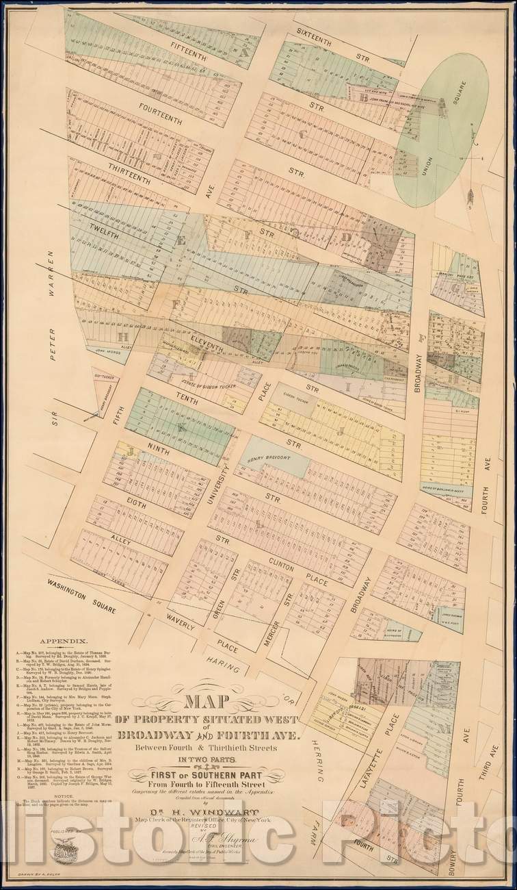 Historic Map - Union Square to Washington Square Park Map of Property Situated West of Broadway and Fourth Ave. Between Fourth & Thirtieth Streets, 1875 - Vintage Wall Art