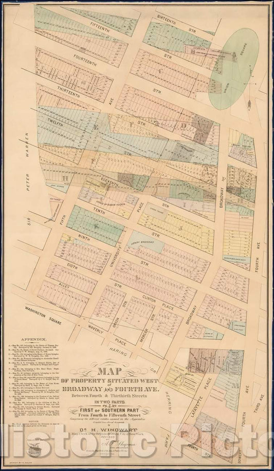 Historic Map - Union Square to Washington Square Park Map of Property Situated West of Broadway and Fourth Ave. Between Fourth & Thirtieth Streets, 1875 - Vintage Wall Art