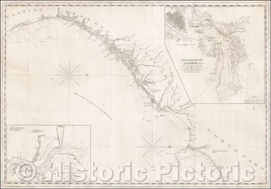 Historic Map - Coastal Chart of North Carolina, South Carolina, Georgia, and Florida, with insets of the Harbor of Charleston and entrance to the Saint Johns River, 1832 - Vintage Wall Art
