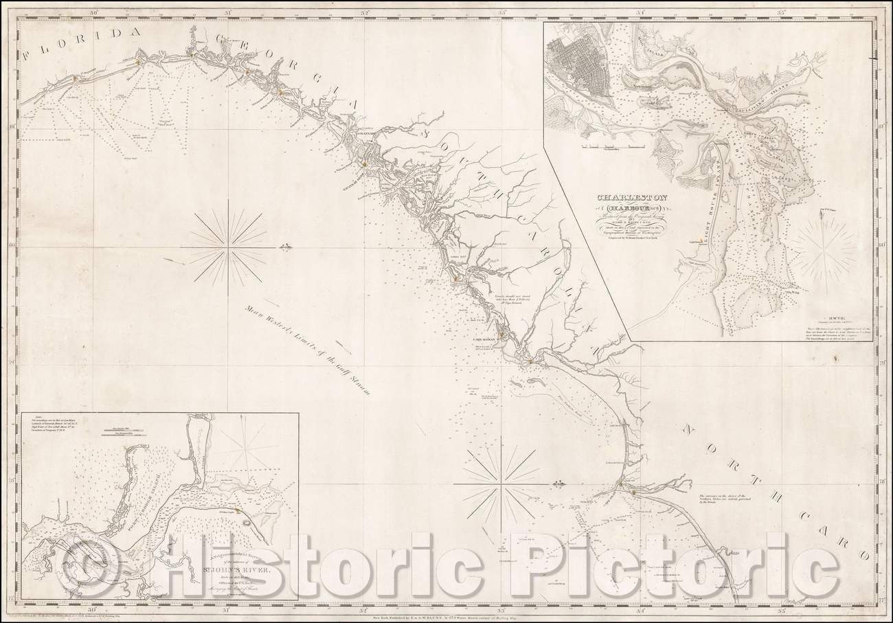 Historic Map - Coastal Chart of North Carolina, South Carolina, Georgia, and Florida, with insets of the Harbor of Charleston and entrance to the Saint Johns River, 1832 - Vintage Wall Art