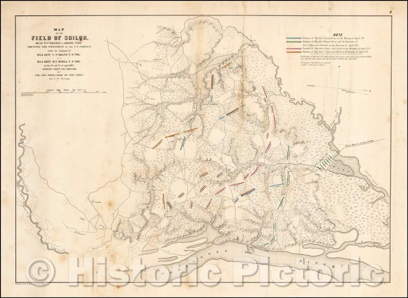Historic Map - Map of the Field of Shiloh, Near Pittsburgh Landing, Tenn. Shewing The Positions of the U.S. Forces, 1862 - Vintage Wall Art
