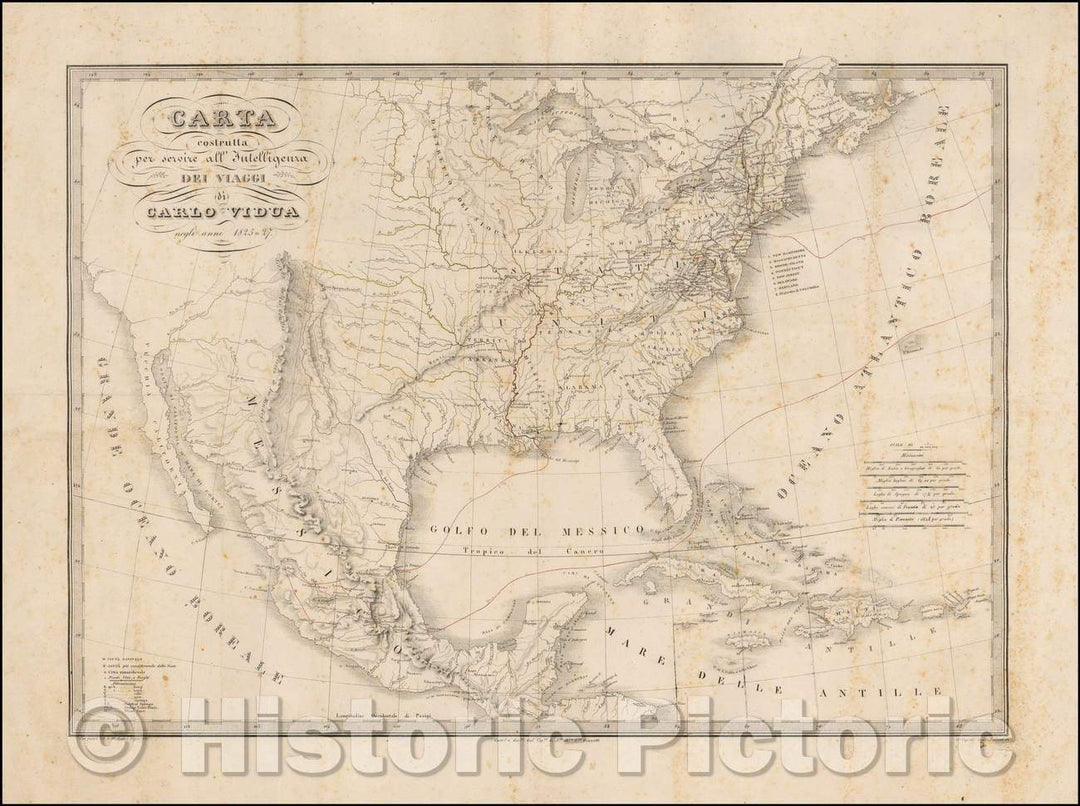 Historic Map - Carta costrutta per servire all' Intelligenza del viaggi di Carlo Vidua :: Paper-constructed to serve all 'Intelligence Carlo Vidua travel, 1836 - Vintage Wall Art
