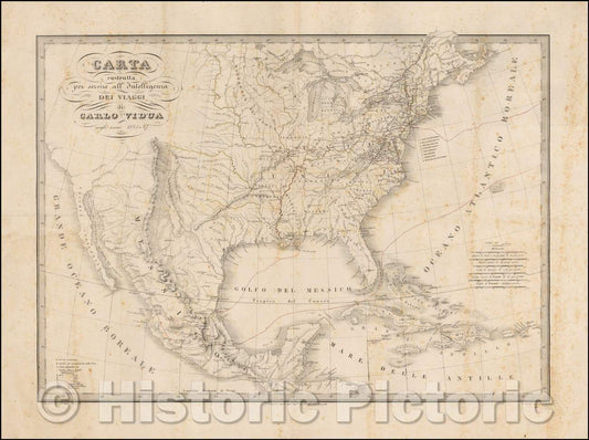 Historic Map - Carta costrutta per servire all' Intelligenza del viaggi di Carlo Vidua :: Paper-constructed to serve all 'Intelligence Carlo Vidua travel, 1836 - Vintage Wall Art