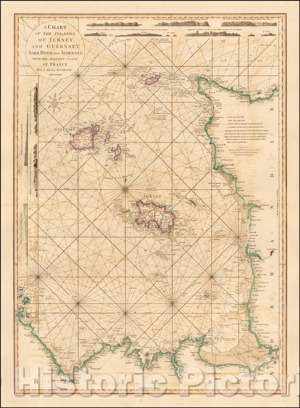 Historic Map - A Chart of the Islands of Jersey and Guernsey, Sark, Herm and Alderney; with the Adjacent Coast of France, 1781, William Faden v2