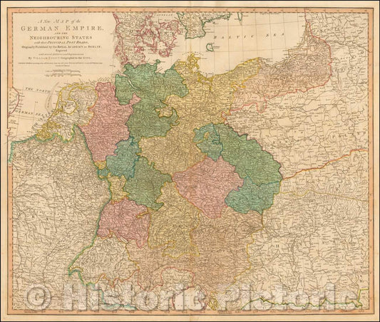 Historic Map - The German Empire, and the Neighbouring States with the Principal Post Roads, Originally, 1788, William Faden v1