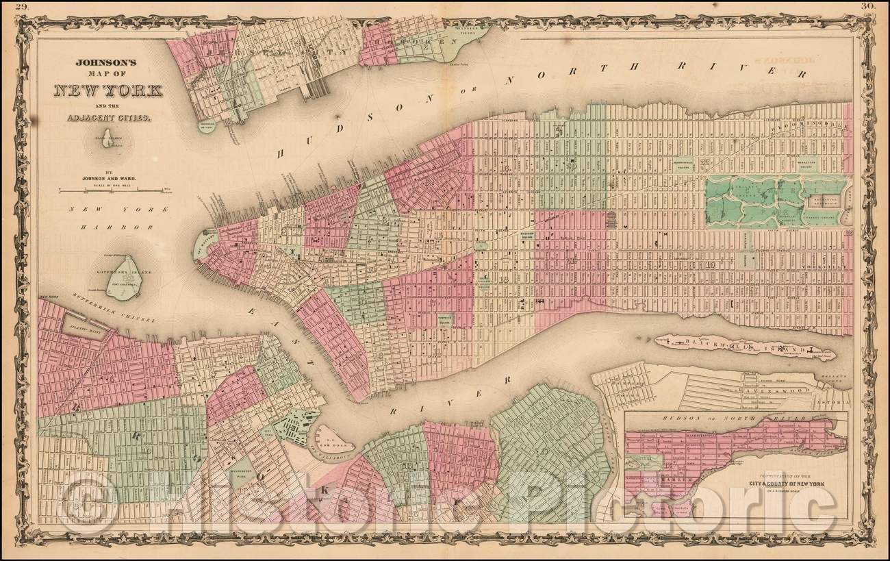 Historic Map - Johnson's Map of New York and the Adjacent Cities, 1863, Benjamin Ward v2