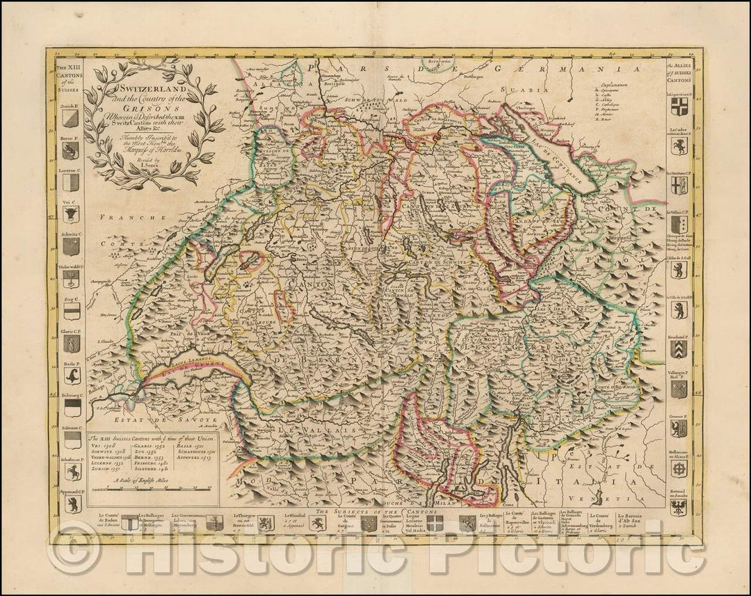 Historic Map - Switzerland and the Country of the Grisons Wherein is Described the XIII Switz Cantons with their Allies, 1721, John Senex - Vintage Wall Art