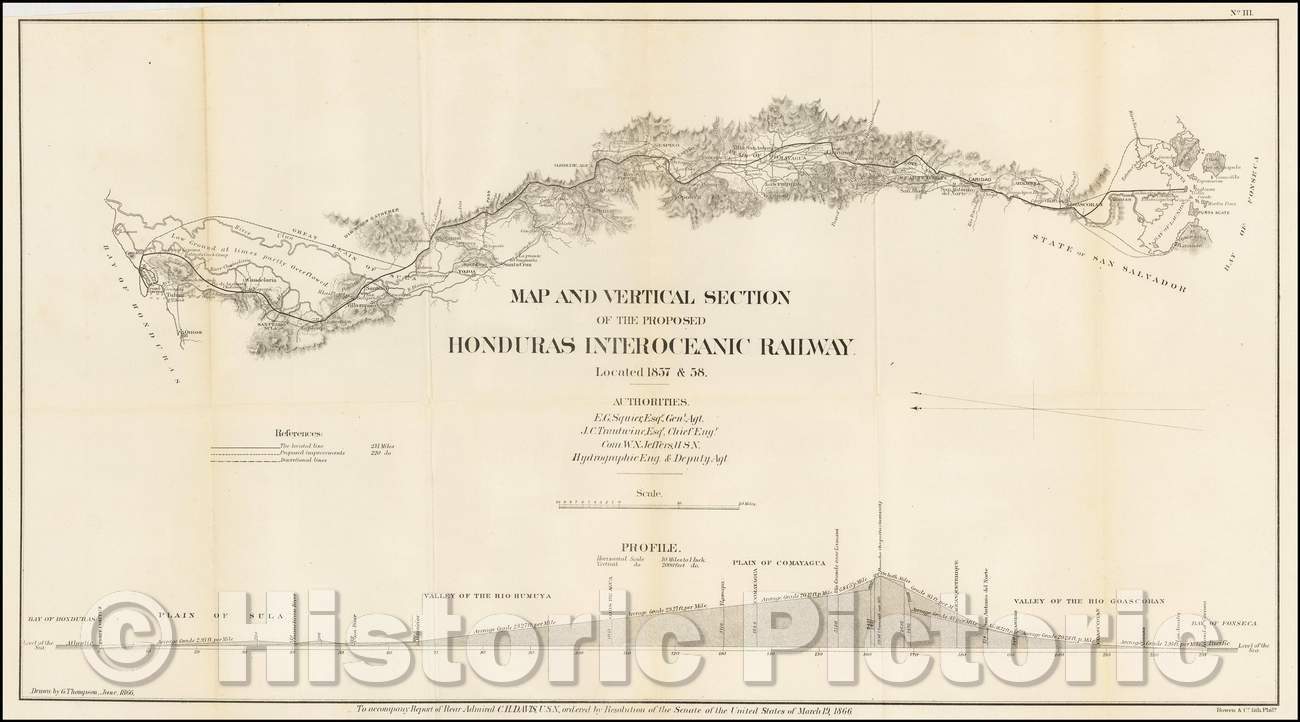 Historic Map - Map and Vertical Section of the Proposed Honduras Interoceanic Railway. Located 1857 & 58, 1868, Bowen & Co. - Vintage Wall Art