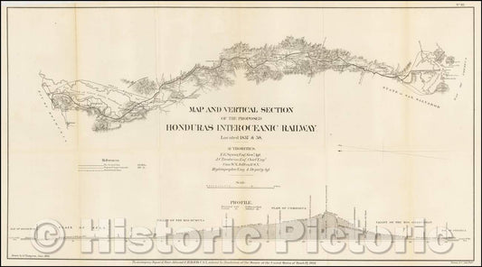 Historic Map - Map and Vertical Section of the Proposed Honduras Interoceanic Railway. Located 1857 & 58, 1868, Bowen & Co. - Vintage Wall Art