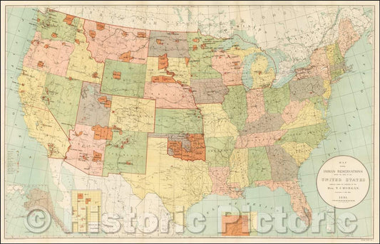 Historic Map - Map Showing Indian Reservations Within The Limits of the United States, 1892, United States Bureau of Indian Affairs v2