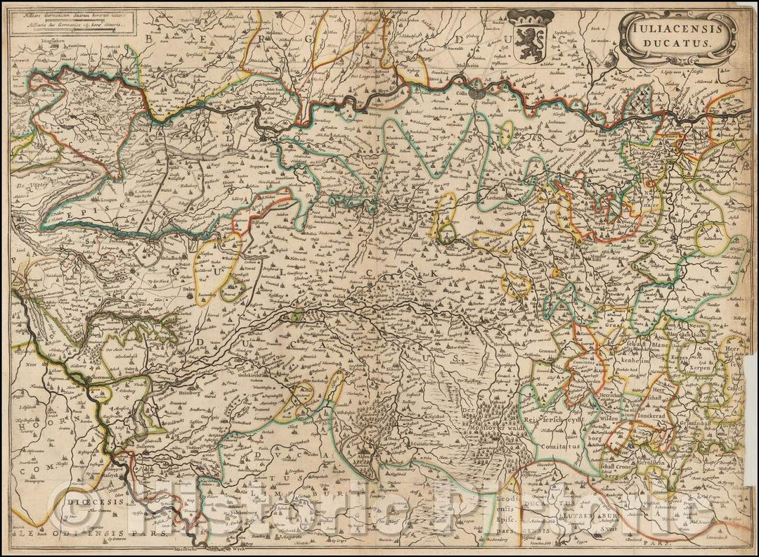 Historic Map - Iuliacensis Ducatus/Regional Map, centered on Cologne and tracking the course of the Rhine River, 1638, - Vintage Wall Art