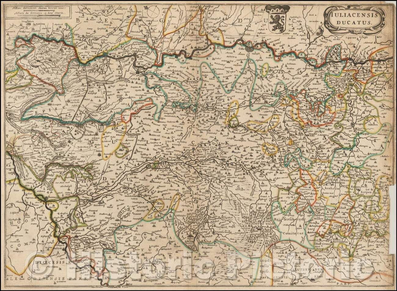 Historic Map - Iuliacensis Ducatus/Regional Map, centered on Cologne and tracking the course of the Rhine River, 1638, - Vintage Wall Art