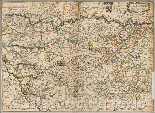 Historic Map - Iuliacensis Ducatus/Regional Map, centered on Cologne and tracking the course of the Rhine River, 1638, - Vintage Wall Art