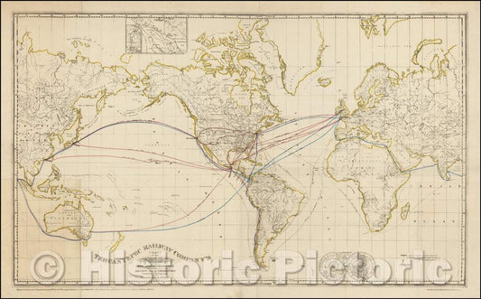 Historic Map - Tehuantepec Railway Company's Chart of the World on Mercators Projection. Showing the lines of its Railway, with its Connections, 1868 - Vintage Wall Art