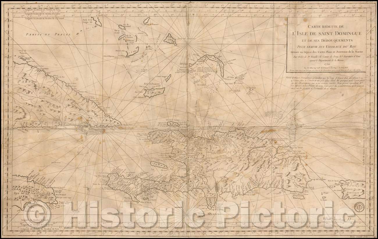 Historic Map - Carte Reduite De L'Isle De Saint Domingue et de ses Debouquements, 1750, Depot de la Marine - Vintage Wall Art