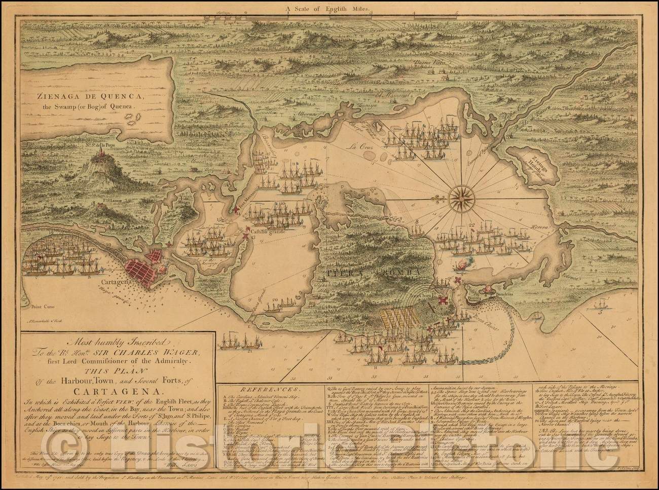 Historic Map - This Plan of the Harbour, Town, and Several Forts of Cartagena, 1741, William Toms - Vintage Wall Art