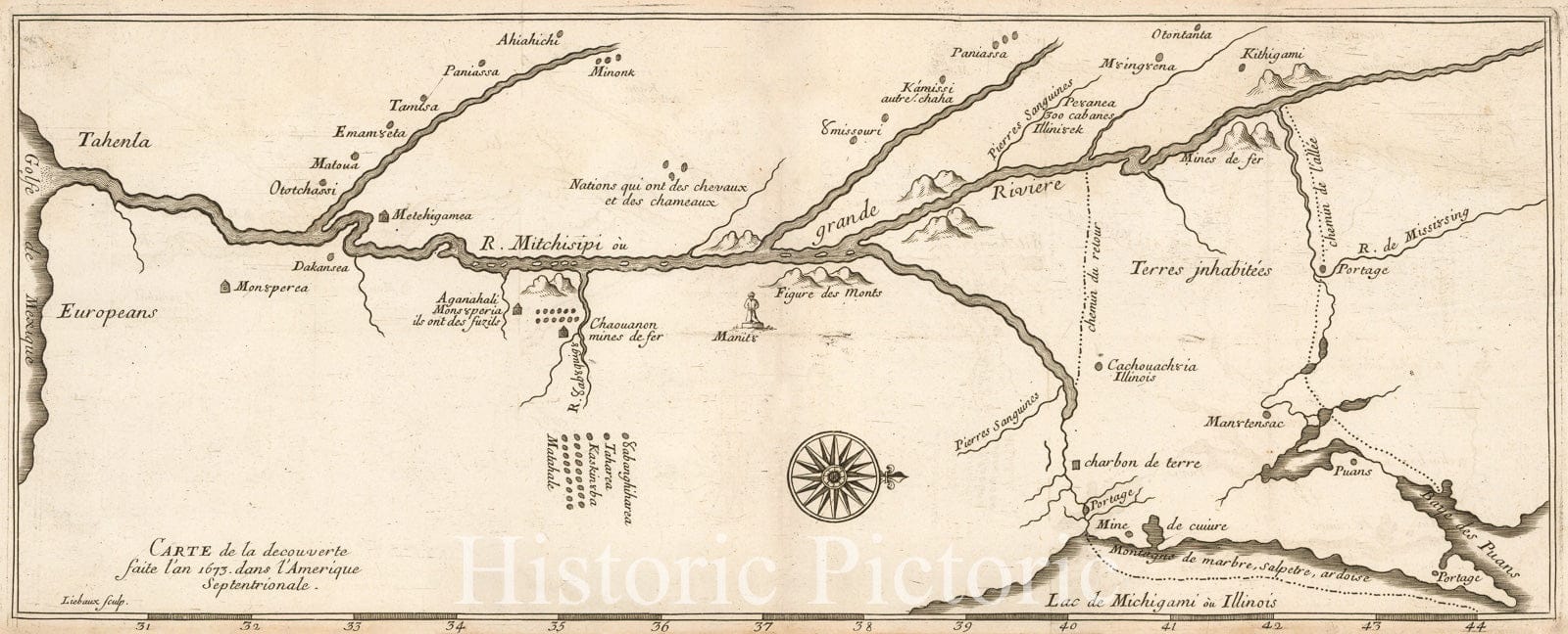 Historic Map - [First Map of the Mississippi River] Carte de la decouverte faite l'an dans/First Map of the Mississippi River, Jolliet and Marquette, 1682 - Vintage Wall Art