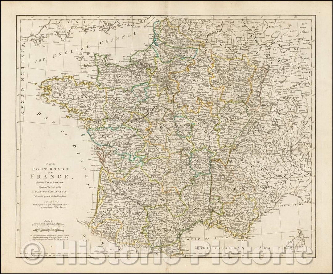 Historic Map - The Post Roads of France, from the Map of Jaillot, 1772, Robert Sayer - Vintage Wall Art