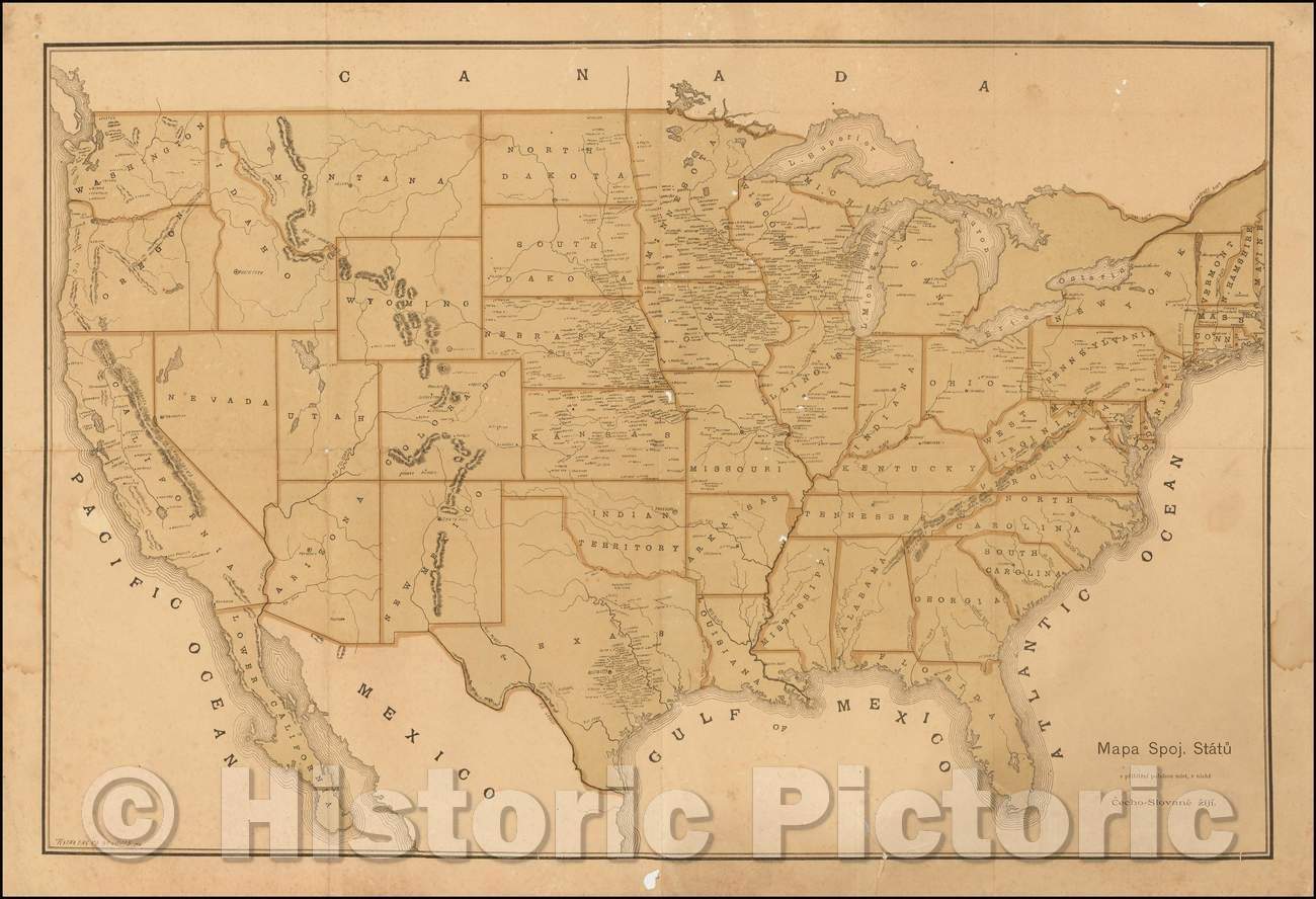 Historic Map - Czech Map of United States/Mapa Spoj Statu z priblizni polohou mist, v nichz Cecho-Slovane Ziti, 1880, Ritka Engr Co (?) - Vintage Wall Art