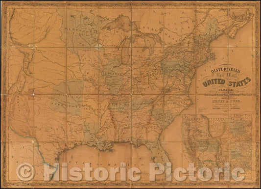 Historic Map - Disturnell's New Map of the United States and Canada Showing All The Canals, Railroads, Telegraph LInes and principal State Routes, 1850 - Vintage Wall Art