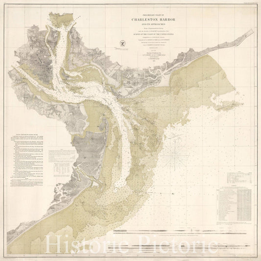 Historic Map - Preliminary Chart of Charleston Harbor And Its Approaches From a Trigonometric Survey, 1864, United States Coast Survey - Vintage Wall Art