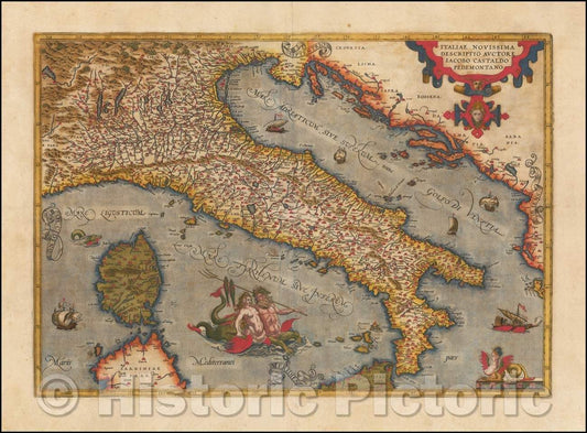 Historic Map - Italiae Novissima Descriptio Auctore Jacobo Cataldo Pedemontano, 1601, Abraham Ortelius - Vintage Wall Art