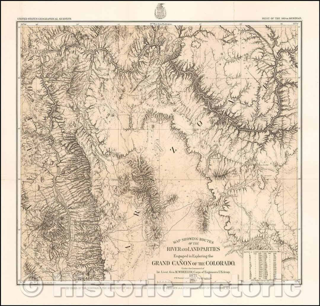 Historic Map - Map Showing Routes of the River and Land Parties Engaged in Exploring the Grand Ca?n of the Colorado, 1871, George M. Wheeler - Vintage Wall Art