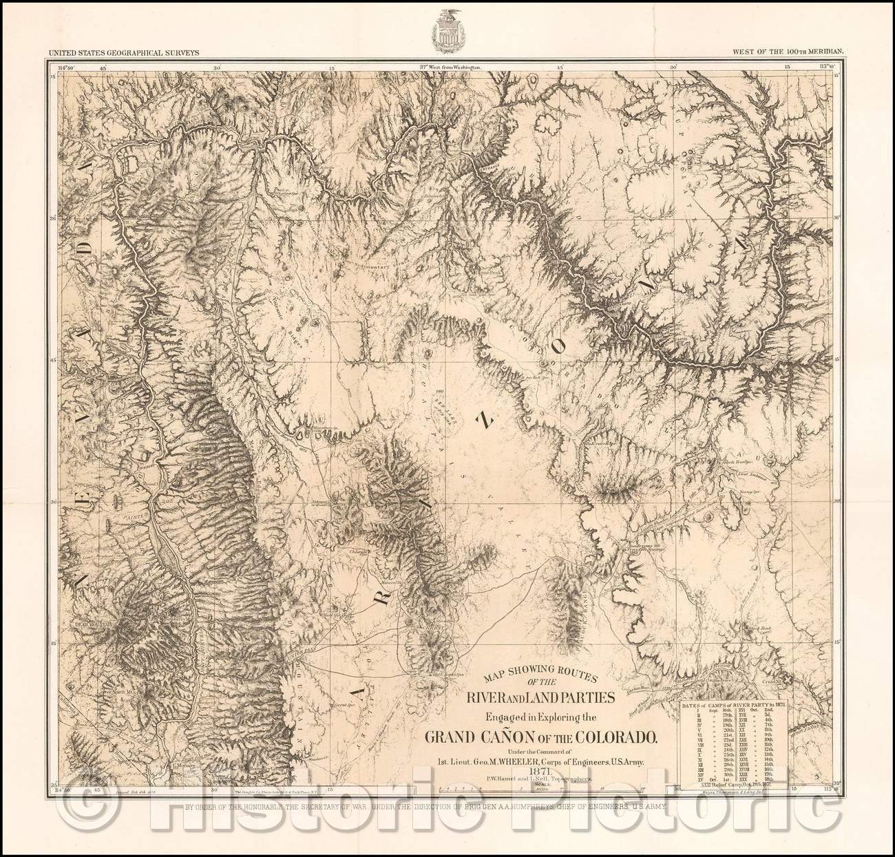 Historic Map - Map Showing Routes of the River and Land Parties Engaged in Exploring the Grand Ca?n of the Colorado, 1871, George M. Wheeler - Vintage Wall Art