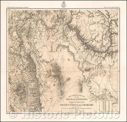 Historic Map - Map Showing Routes of the River and Land Parties Engaged in Exploring the Grand Ca?n of the Colorado, 1871, George M. Wheeler - Vintage Wall Art