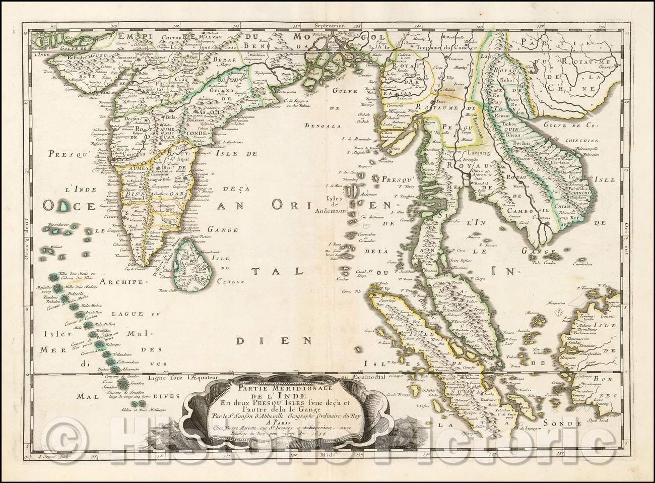 Historic Map - Partie Meridionale De L'Inde En deux Presqu'Isles l'une deca et l'autre Gange, 1654, Nicolas Sanson v2