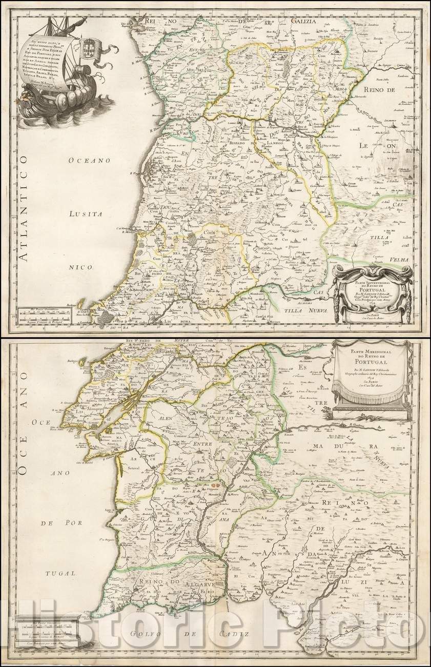 Historic Map - Parte Septentrional do Reyno de Portugal. 1654 [with] Partie Meridional, 1654 - Vintage Wall Art