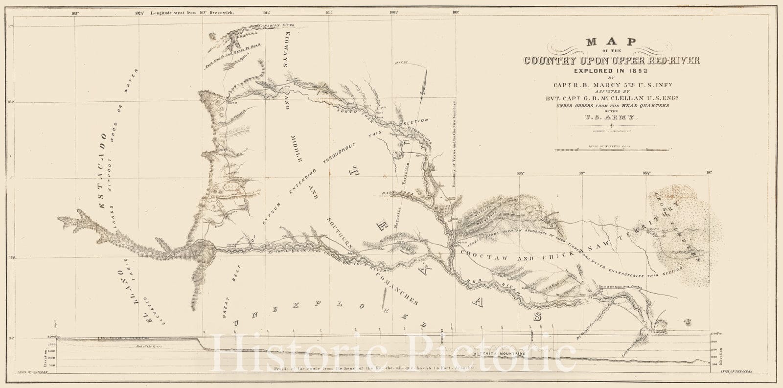 Historic Map - Map of the Country Upon Upper Red River Explored In, 1853, R.B. Marcy v2