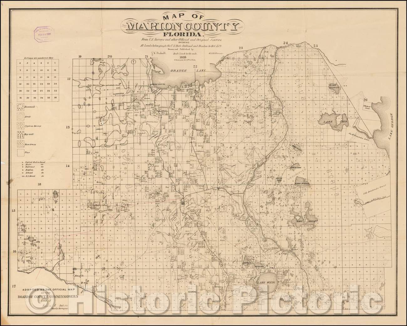 Historic Map - Map of Marion County, Florida. From U.S. Surveys and Other Official Sources Showing All lands belonging to the U.S. State Railroad, 1885 - Vintage Wall Art