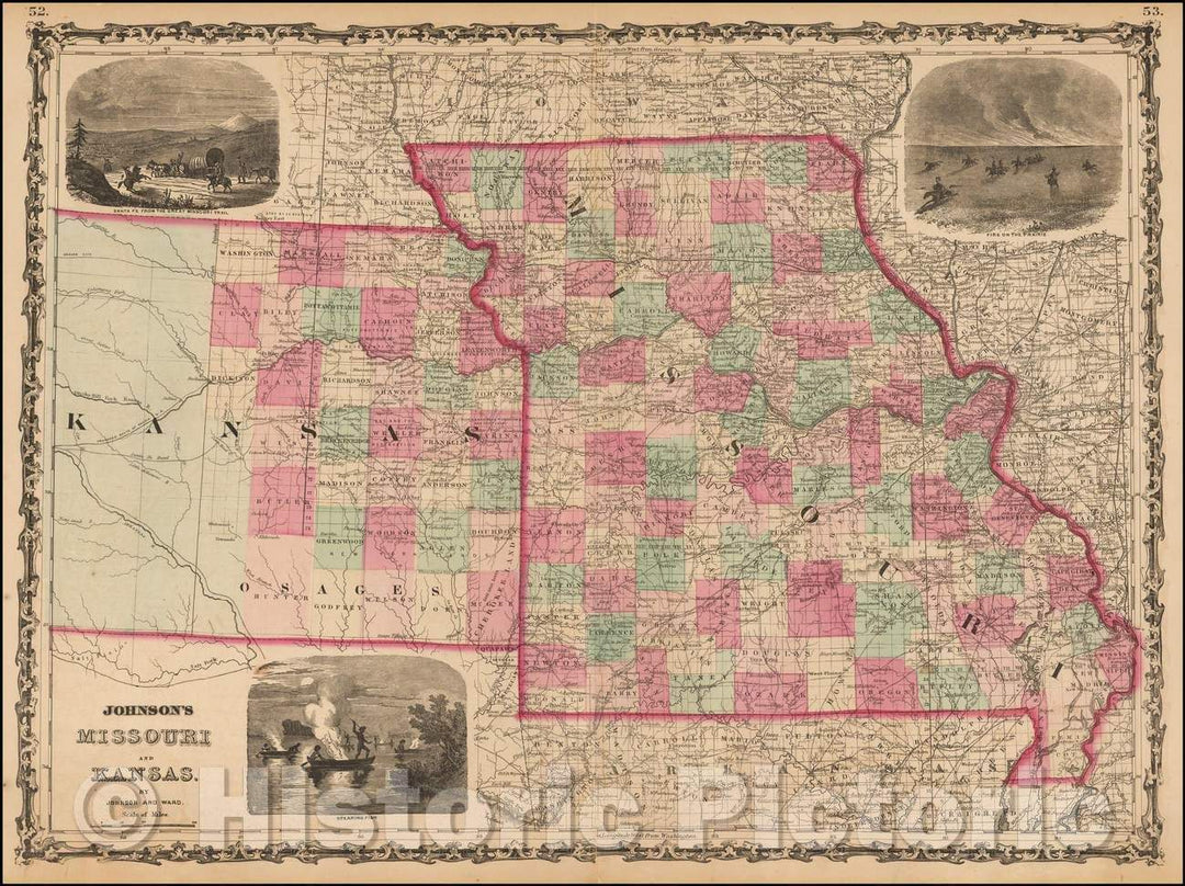 Historic Map - Johnson's Missouri and Kansas, 1863, Benjamin Ward v2