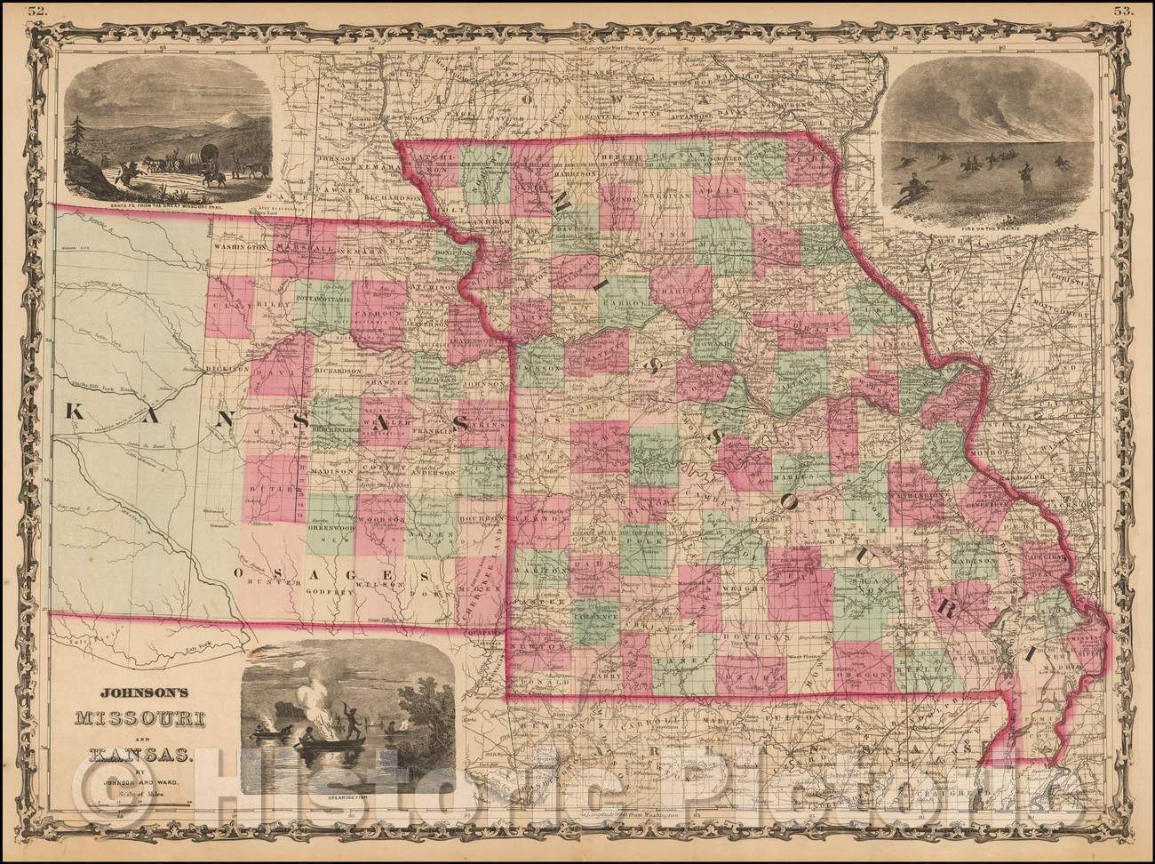 Historic Map - Johnson's Missouri and Kansas, 1863, Benjamin Ward v2