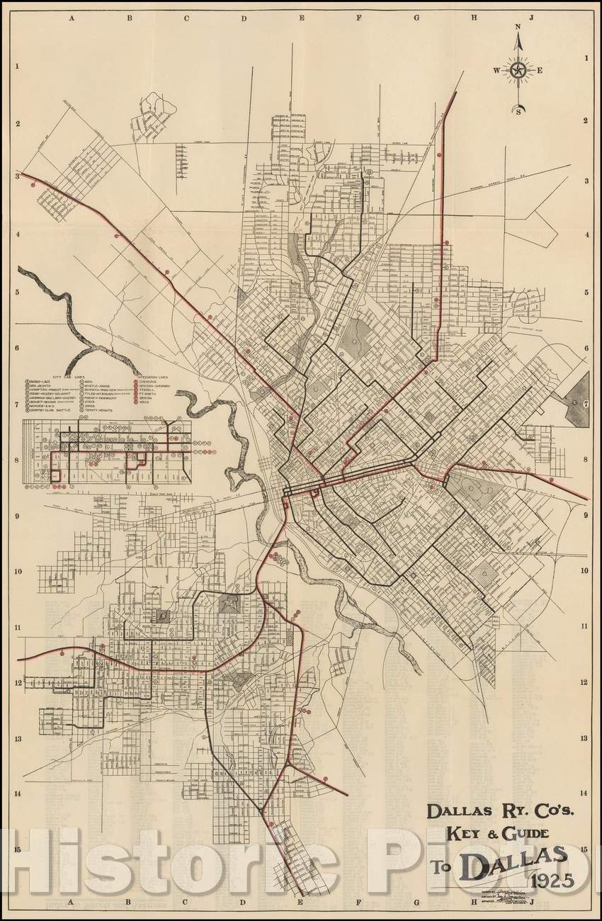 Historic Map - Dallas Ry. Co's Key & Guide To Dallas, 1925, - Vintage Wall Art