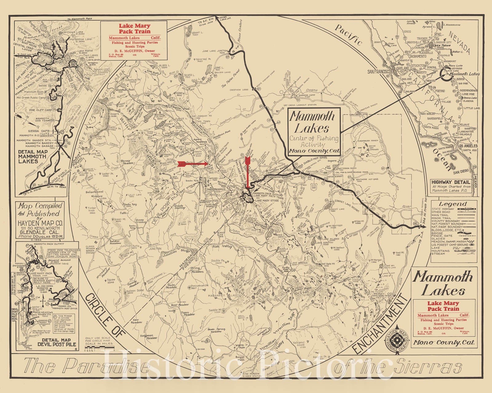 Historic Map - A Circle of Enchantment Mammoth Lakes, Mono County, Cal. The Paradise of the Sierras, 1934, Hayden Map Co - Vintage Wall Art
