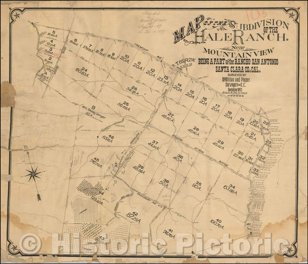 Historic Map - Los Altos Hills Map of the Subdivision of the Hale Ranch Near Mountain View, 1893, McMillen & Pieper - Vintage Wall Art