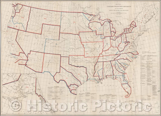 Historic Map - Map No. 3 Customs Collections Districts with their respective Ports of Entry and Delivery, 1883, United States Treasury Department - Vintage Wall Art