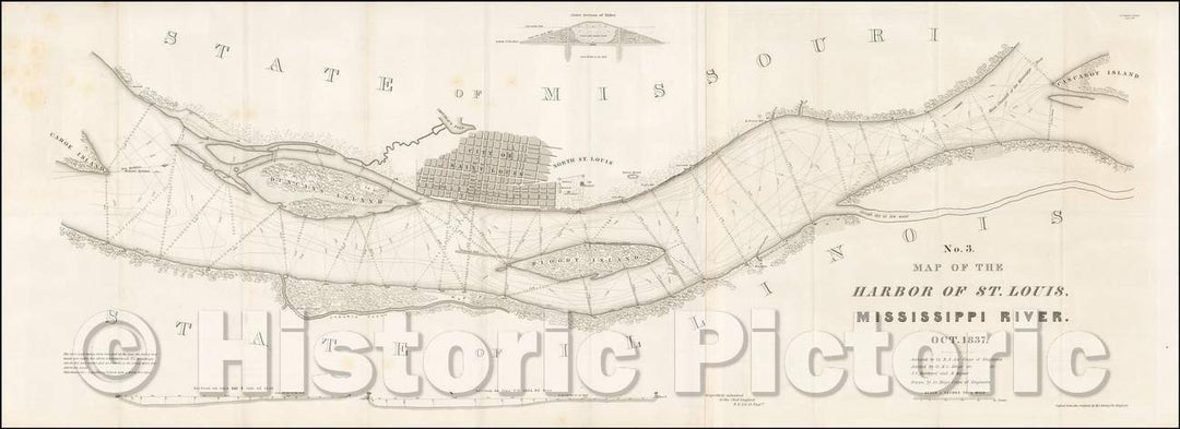 Historic Map - Map of the Harbor of ST. Louis, Mississippi River. Oct. Surveyed, 1837, Robert E. Lee v4